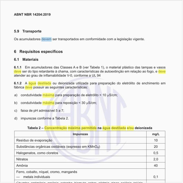 Target Normas máxima permitida na água destilada e ou deionizada