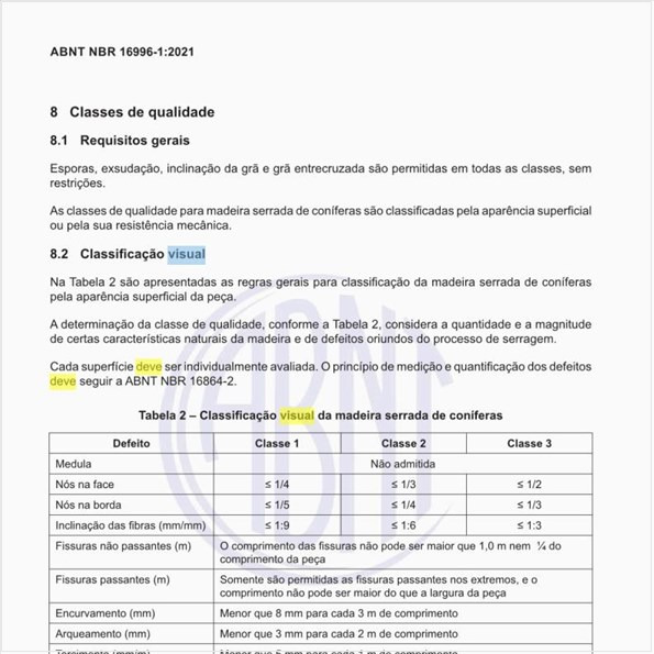 Índices de classificação visual de falha na madeira de acordo com a