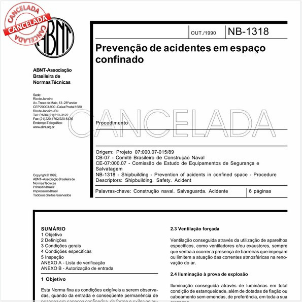 ABNT NBR 12246 NBR12246 Prevenção de acidentes em espaço confinado