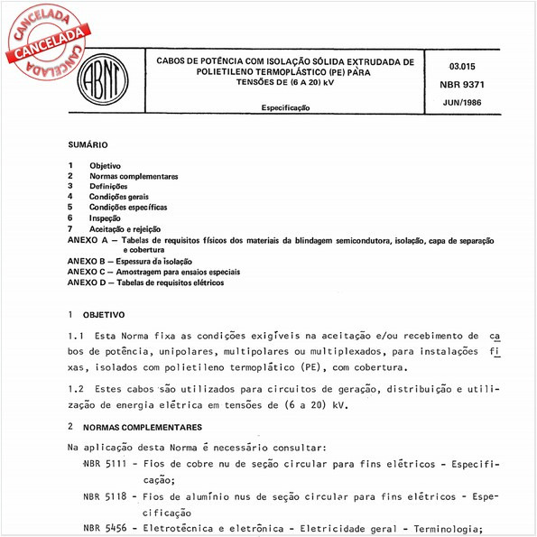 ABNT NBR 9375 NBR9375 Cabos de potência com isolação sólida