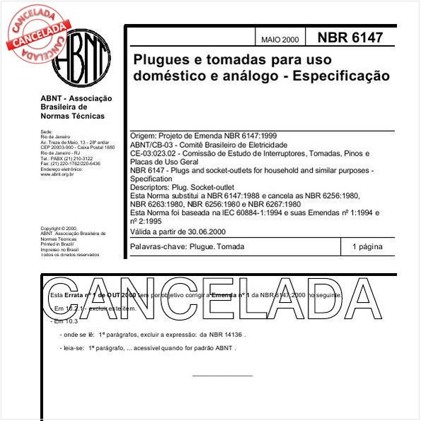 ABNT NBR 6147 NBR6147 Plugues E Tomadas Para Uso Doméstico E Análogo